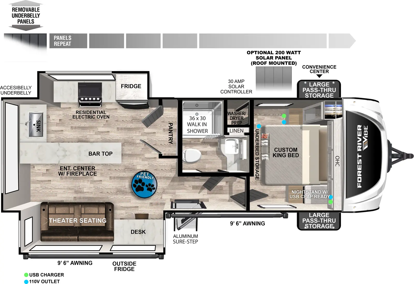 The Vibe 2500SP floorplan has one entry and two slide outs. Exterior features include: fiberglass exterior and 9'6" & 9'6" awning. Interiors features include: front bedroom.